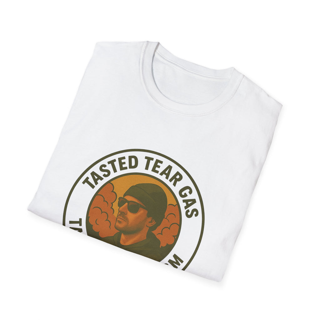 Protests T-Shirt with Bold Graphic: 'Tasted Tear Gas, Tastes Like Fascism'